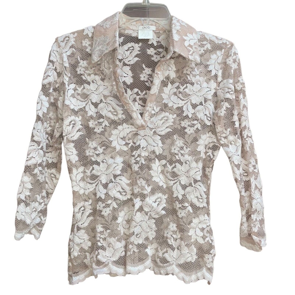 Vtg CACHE M Y2k Nude Stretchy Sexy Floral Lace Collared Top